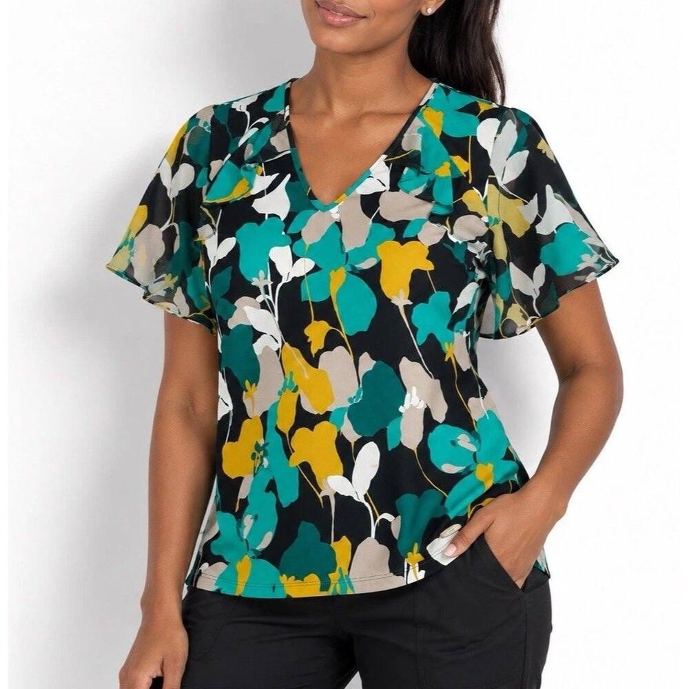 Calvin Klein Blouse Womens L Floral Ruffle V Neck Flutter Sleeve Career Work Top